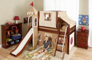 Low Loft Castle Bed with Slide Brown