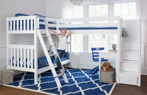 Corner Bunk with Desks and Blue Chair White Slatted